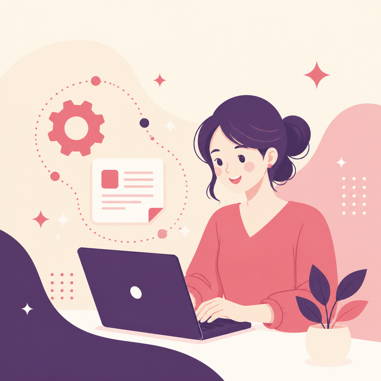 ノートパソコンでAI自動化に取り組む人物のイラスト